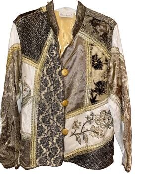 Flashback Couture Brocade Trim Jacket Green-Gold with Floral embellishments Med